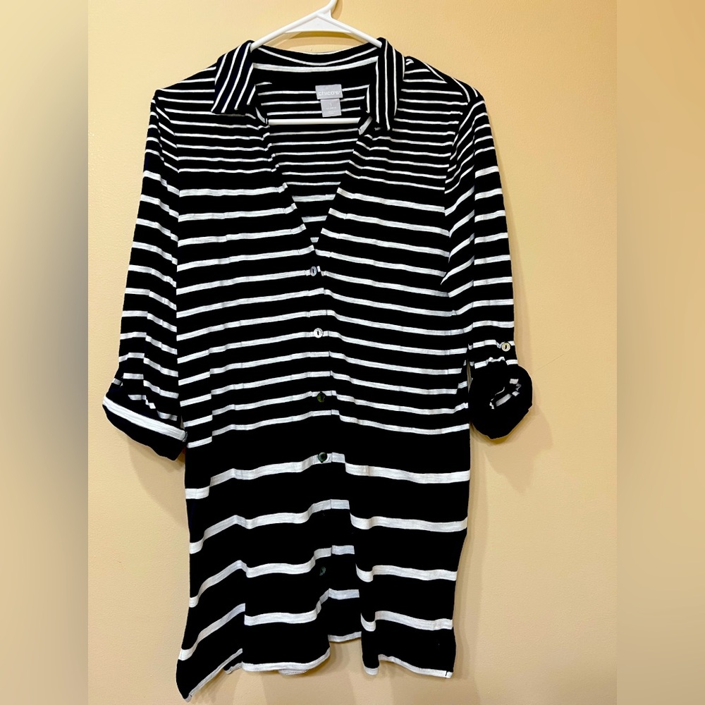 Chicos, size 1, button down tunic, navy and white stripes. Like new, used once